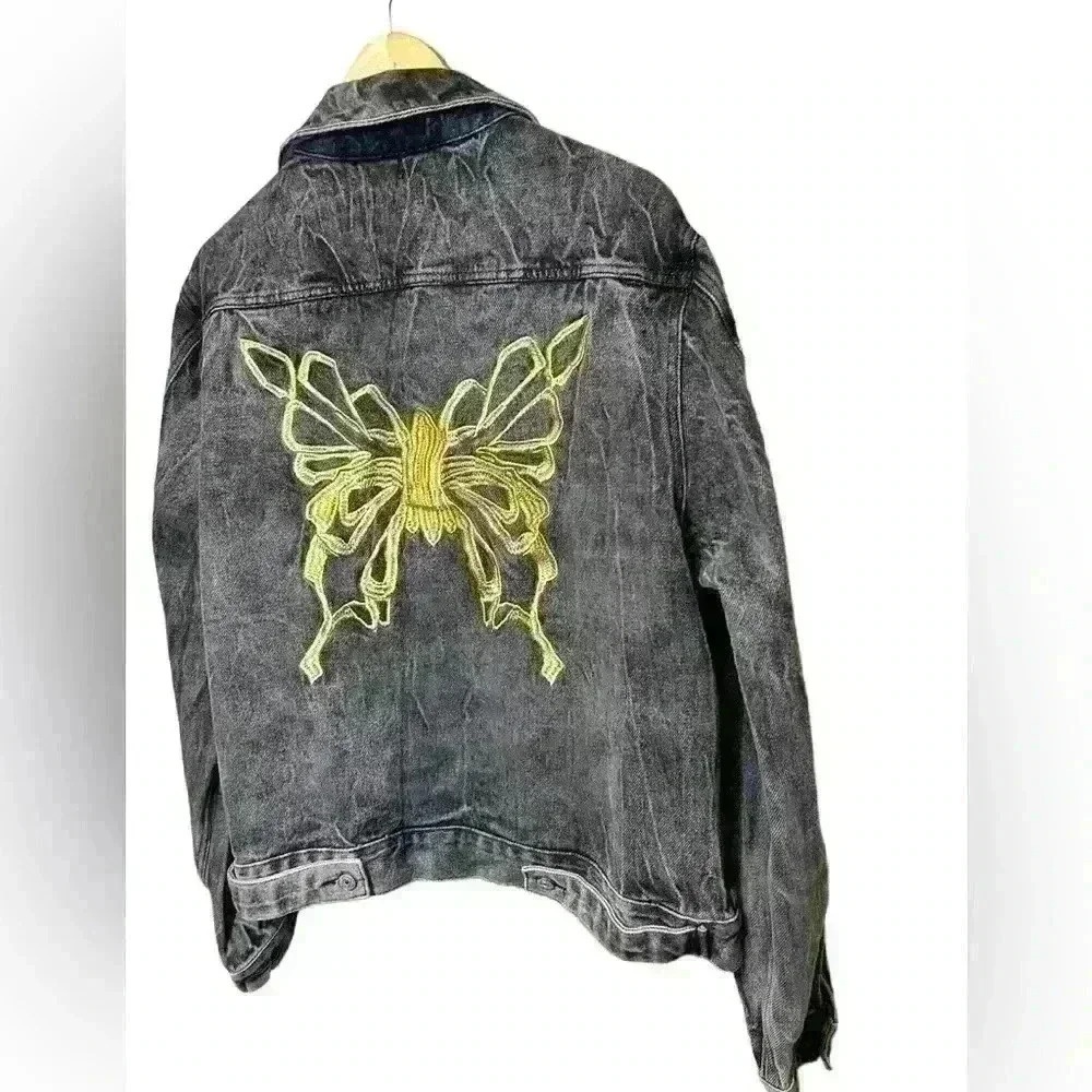 DMC Gray Denim Jacket Gold Butterfly Embroidery Boho Statement Women Size 8-10 - Picture 3 of 6